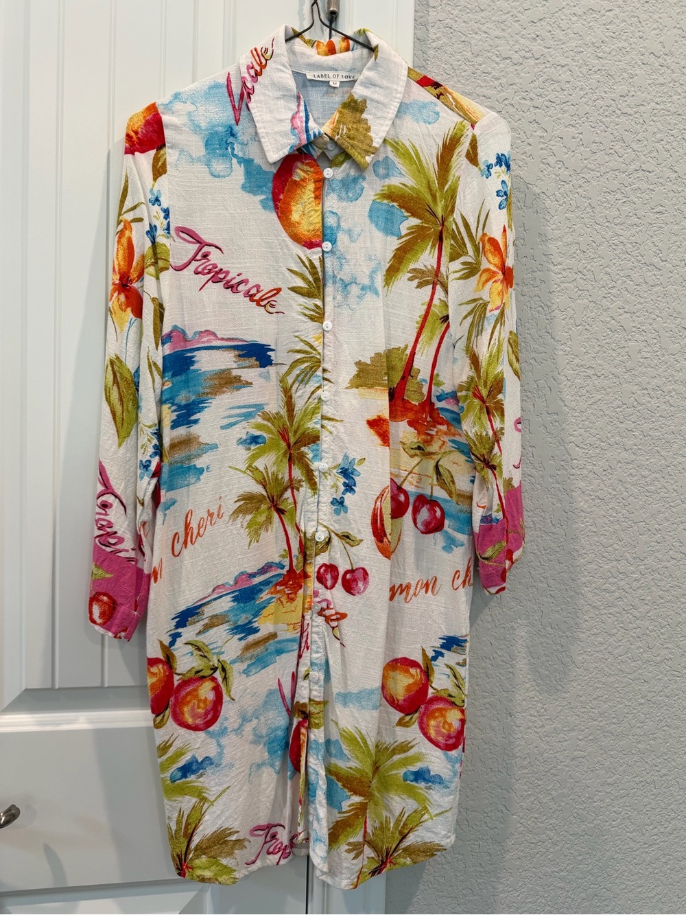 Label of Love Tropic Print Button-Down Shirt Dress in White with Tropical Colors